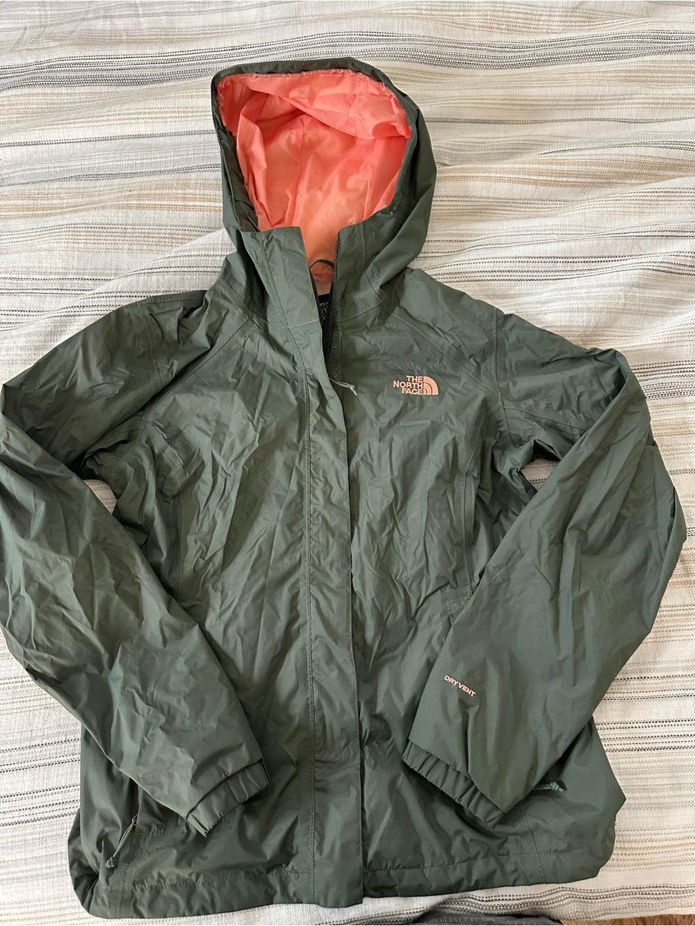 The North Face Olive Green Shell Jacket with Coral Hood Lining